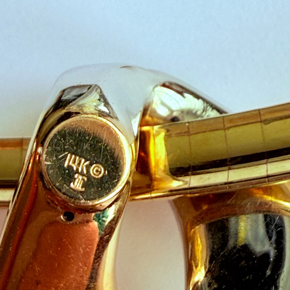 Estate 14K Yellow Gold Gooseneck Half Round Necklace Two Tone Modernist Pendant - Picture 8 of 12